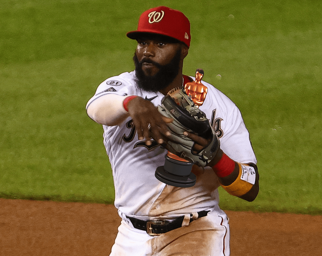 Josh Harrison holding a Joscar Statue