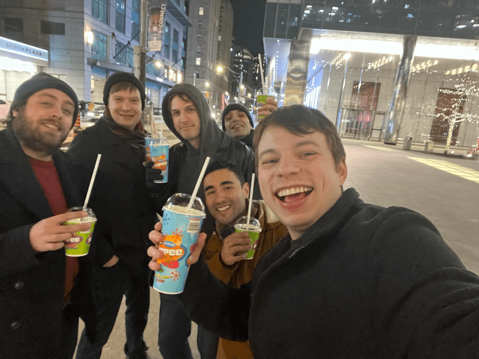 Six friends enjoying Slurpees